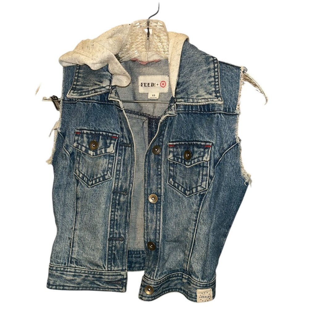 FEED Lauren Bush denim jean jacket oatmeal neutral hoodie vest XS